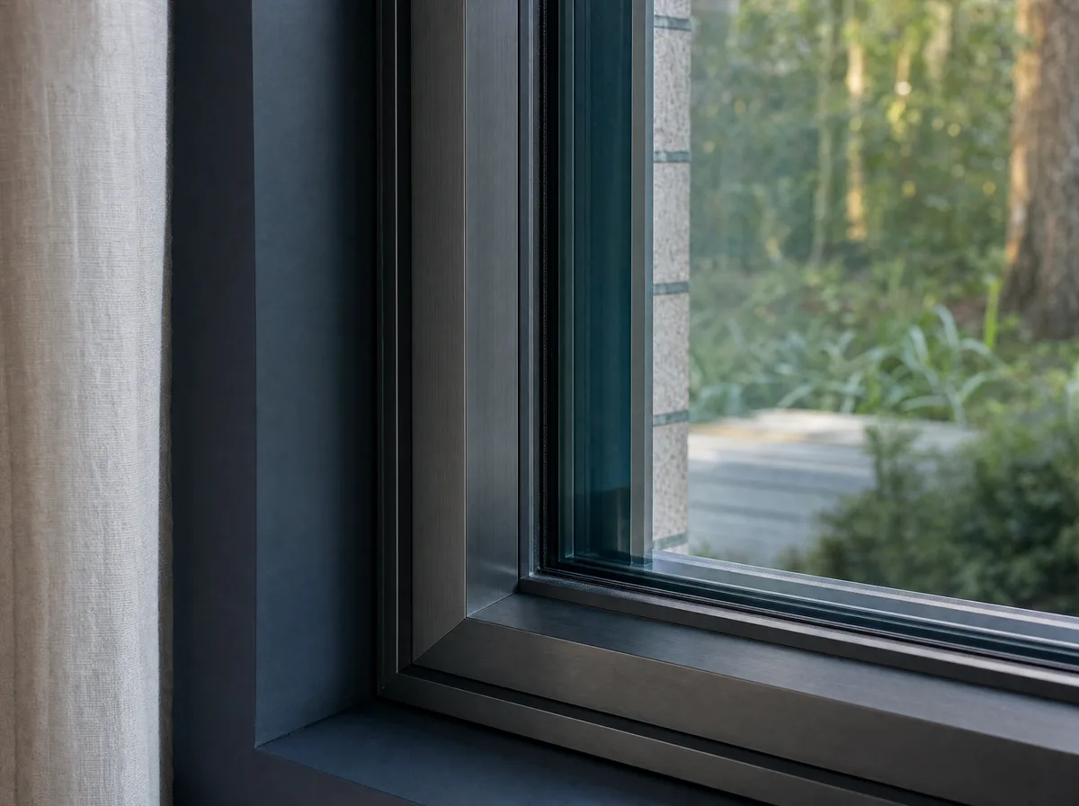 Detail van een aluminium kozijn met glas en zacht daglicht